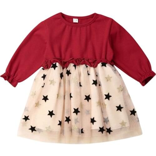 2019 Princess Infant Kids Baby Girls Dress Autumn Clothes Star Print Lace Patchwork Knee Length A-Line Dress