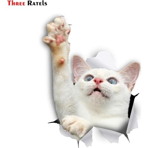 Three Ratels 1091 3D Cat Stickers White Reaching Cat Sticker For childrens wall sticker decal Fridge Toilet