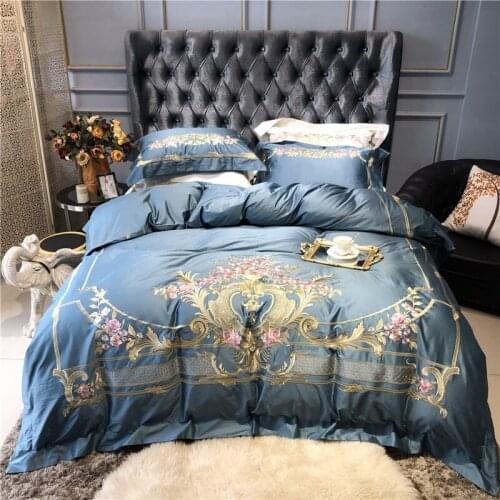 Luxury Embroidered 120S Egyeptian cotton Blue Royal Bedding sets Queen King Wedding Duvet cover Bed sheet set Pillowcases 4pcs