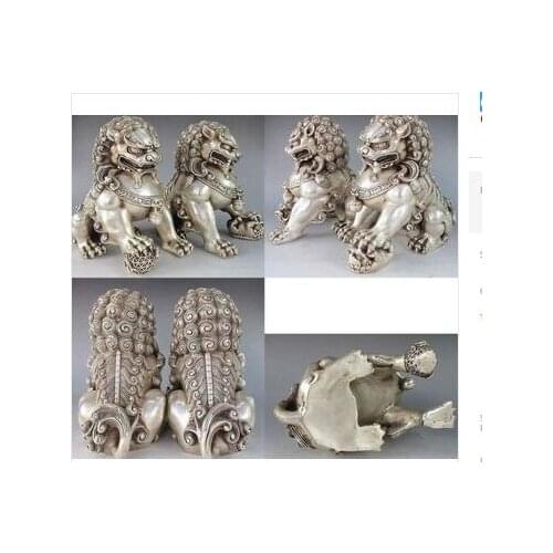 6 " Pair of Rare Chinese Tibet Silver Guardian Lion Foo Fu Dog Statue Tibetan Silver decoration outlets