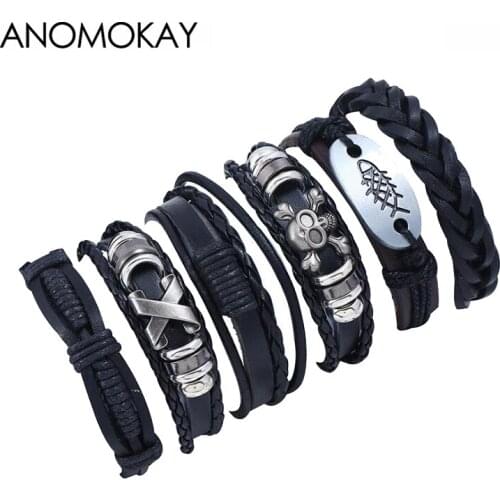 6 PCS Antique Silver Plated Skull Fish Carving Strap Bracelet Vintage Punk Style Leather Strap Bracelets Bangles Unisex Jewelry