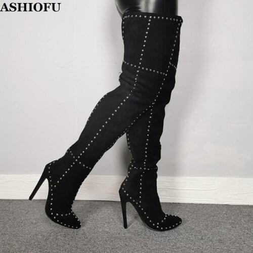 ASHIOFU Handmade New Arrival Ladies Thigh High Boots Rivets Spikes Real Photos Suede Leather Thigh High Boots Evening Boot Shoes
