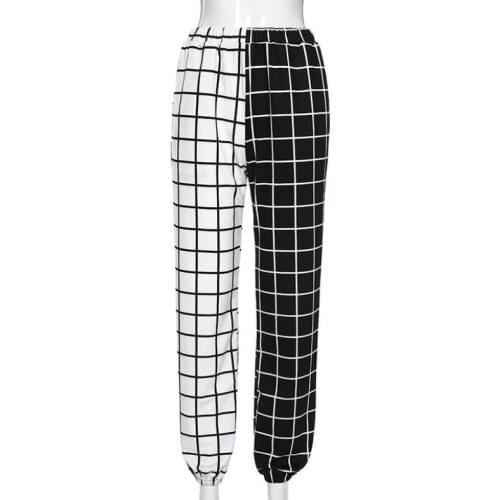 Hight Waist Straight Loose Long Trousers Streetwear Cool Girls Black and White Checkerboard Patchwork Trousers Cargo Pants