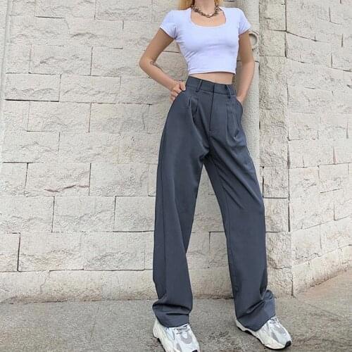 2021 Brand New Women High Waist Suit Pants Solid Color Straight Long Trousers Women High Waisted Pants Casual Women Clothes