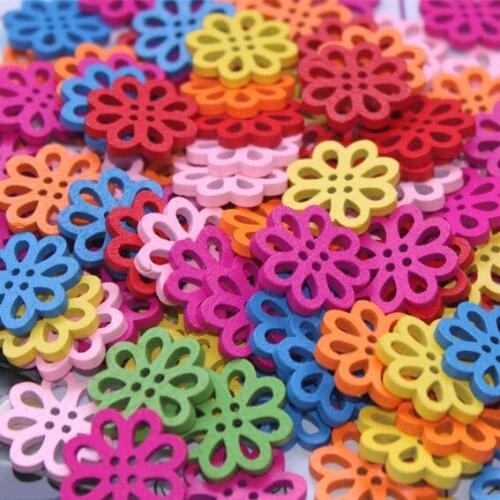 Colorful Flower Flatback 4 Hole DIY Wooden Buttons 20mm Diameter (Pack of 50pcs)