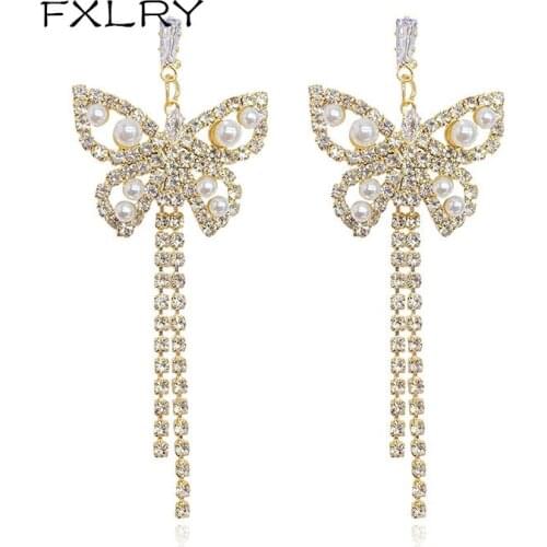 FXLRY Elegant Long Butterfly Tassel Earrings Imitation Pearl Fashion AAA Zircon Earrings For Women Jewelry