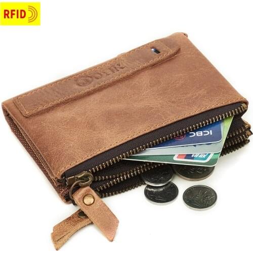 Men Wallet GenuineLeather Vintage Coin Purse Zipper&Hasp Men Wallets Small Short Men Purse Coins Purse Solid RFID Card Holder
