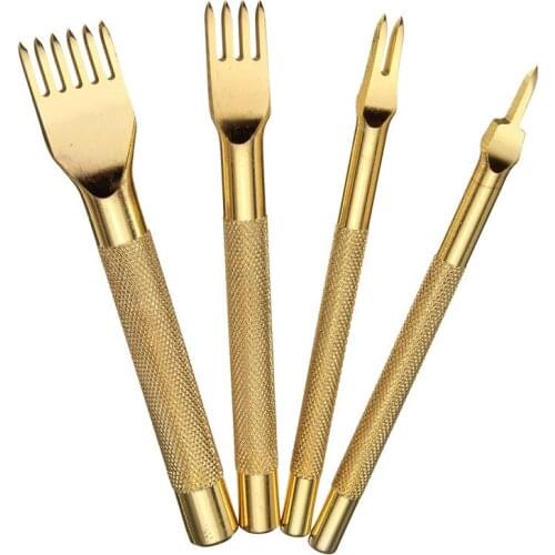 4Pcs/Set Gold Color Leather Craft Hole Punch Tools 4mm 1/2/4/6 Prong Metal DIY Diamond Lacing Stitching Chisel Set Hand Working