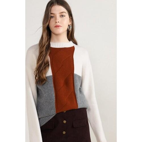 New style 100% cashmere sweater women fashion patchwork winter thick warm pullover crew neck long sleeve ladies stylish jumper