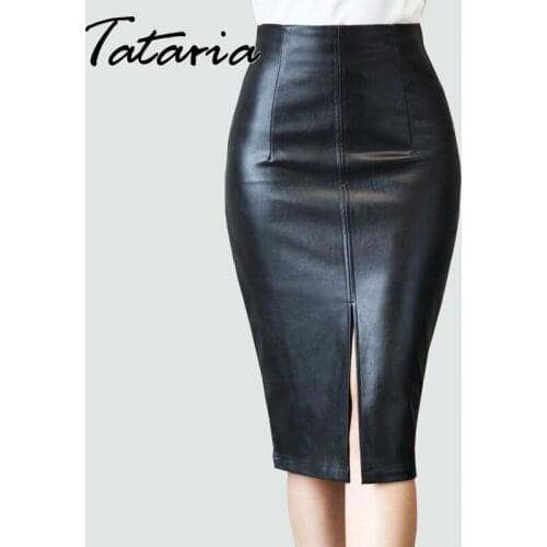 Autumn Bodycon Skirts for Women 2021 Slim Sexy Black PU Faux Leather Mini Skirt Office Lady Elegant Classic Split Mujer Faldas