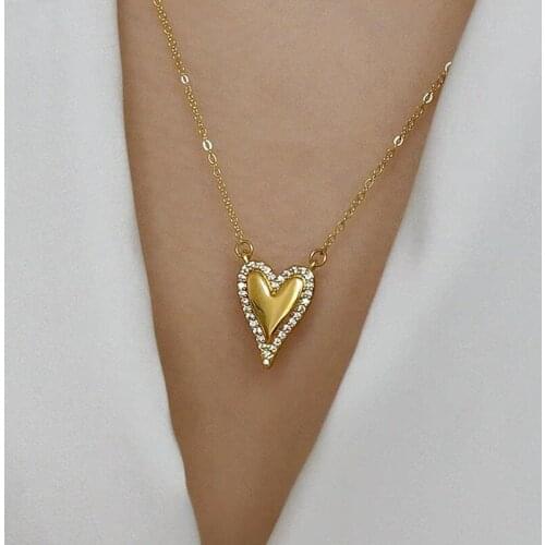 VSnow Statement Vintage Gold Love Heart Pendant Necklace for Women Femme Textured Rhinestone Metal Chain Party Necklace Jewelry