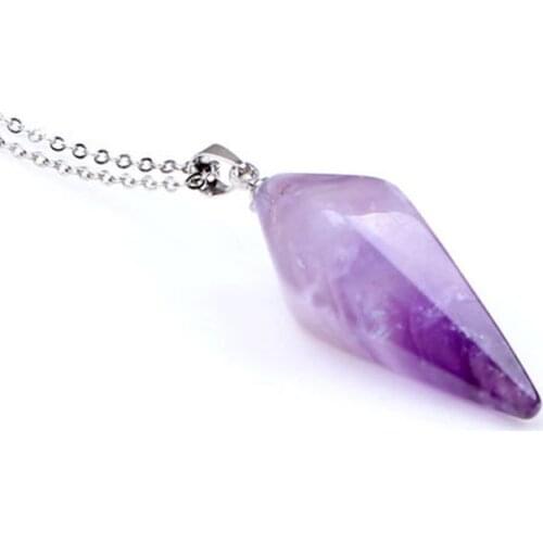 Fashion Silver Plated Natural Stone Hexagon Pyramid Rose Pink Quartz Crystal Stone Pendant Amethysts Necklace with Chain Jewelry