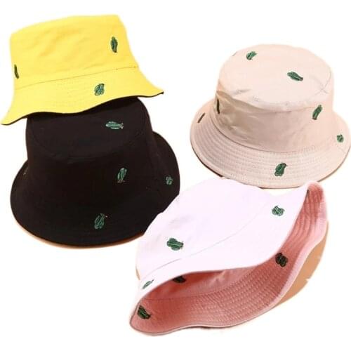 New Cactus Embroidery Double-Sided Bucket Hats Women Men Summer Sunhats Girls Panama Caps Outdoor Travel Fishing Fisherman Hat