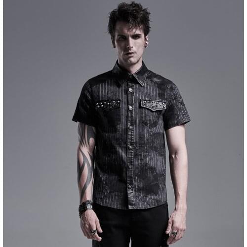 PUNKRAVE Mens Punk Daily Abstract Striped Printed Short Sleeve Shirt Daily Wear Turn Collar Summer Casual Blouses