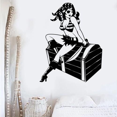 Sexy Pirate Girl Wall Sticker Sea Robber Decal Bandit Treasure Stickers Girls Bedroom Decor Bathroom Wall Decoration