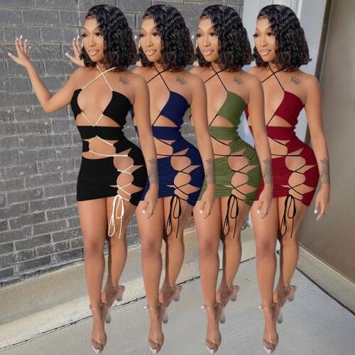 ZKYZWX Sexy Halter Neck Dress Summer Clothes for Women Hollow Out Dresses Backless Bandage Mini Dresses Ladies Club Party Wear