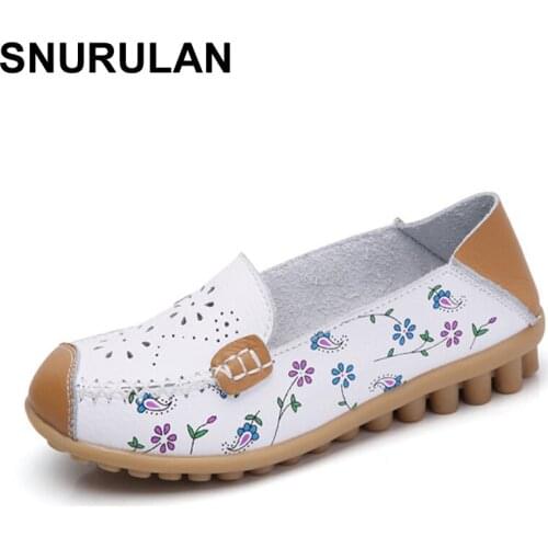 SNURULAN New Women Casual Shoes Soft Real Leather Femal Flats Breathable Loafers Leisure Boat Shoe Mocassins Driving Footwear