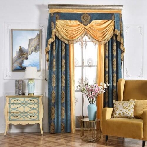 High-end Nordic Blue Classic Chenille Jacquard Curtains for Living Room Bedroom Study American Shading Curtains Tulle Valance