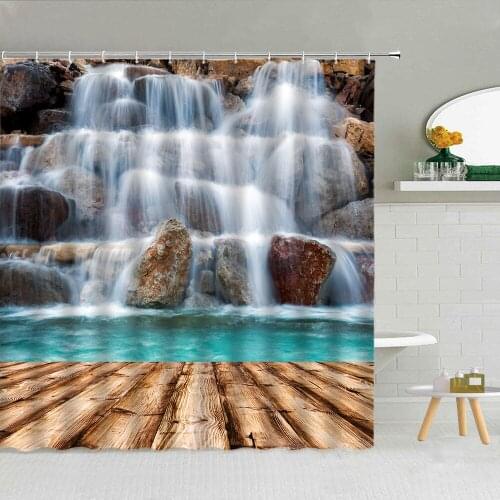 Waterfall Blue Lake Scenery Shower Curtain Rock Forest Flowers Birds Green Plants Spring Landscape Bathroom Decor Hooks Curtains