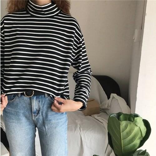 Women T Shirt Long Sleeve Turtleneck Striped Casual T Shirt Loose Pullover Regualr Tops Female Cloths Spring And Autumn
