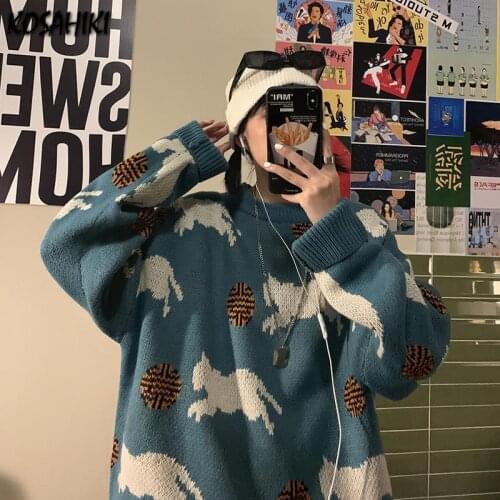 KOSAHIKI Autumn Sweater Women Cartoon Cat Sweater Ins Loose Round Neck Harajuku Pullover Korean Japan Style Streetwear Jumper