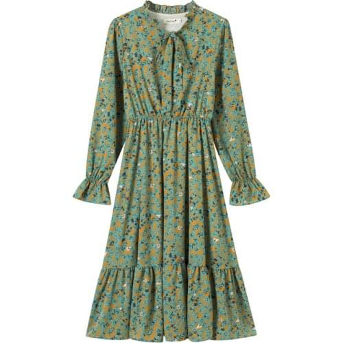 2021 Spring Autumn Korean Dress For Women Floral Printing Bow Collar Long Sleeve Chiffon Dresses High Waist Elegant Ladies Dress