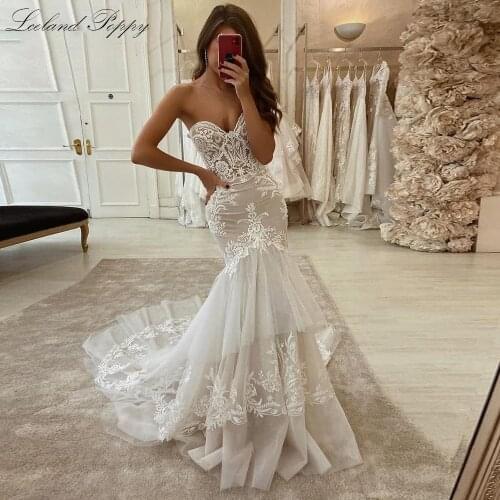 Lceland Poppy Strapless Mermaid Wedding Dresses for Bride Lace Appliques Champagne Vestido de novia Lace Up Bridal Gowns