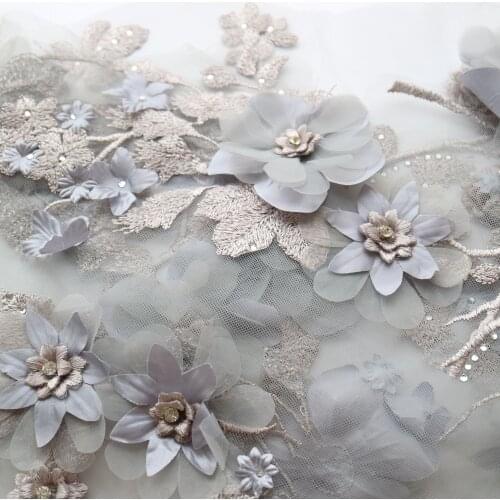 3D flower embroidery lace flower appliques 130*25cm Pearl beaded patches tattoo wedding dresses clothing handmade beaded parches