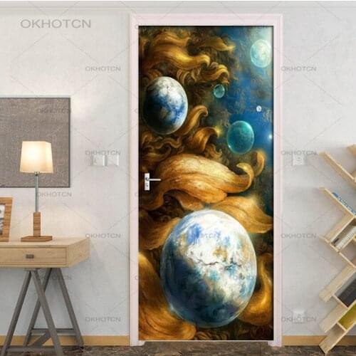 Abstract Planet Universe 3D Door Sticker PVC Self-adhesive Living Room Door Decor Mural Wall Sticker Decals Papel De Parede 3D
