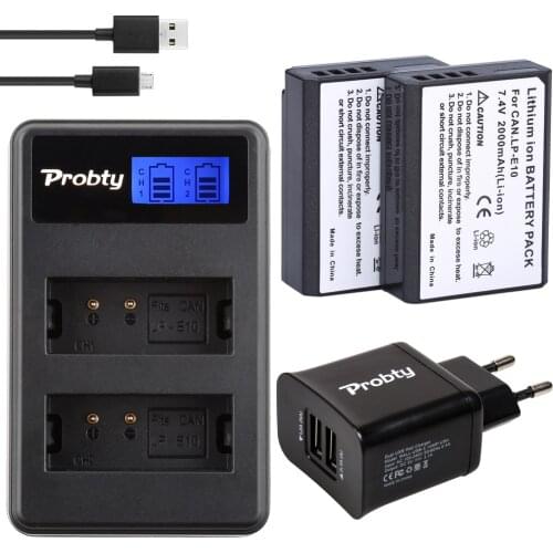 PROBTY 2pcs 7.4v LP-E10 LP E10 LPE10 Battery + LCD Charger + 2-Port Plug For Canon EOS 1100D 1200D 1300D T3 T5 KISS X50 X70