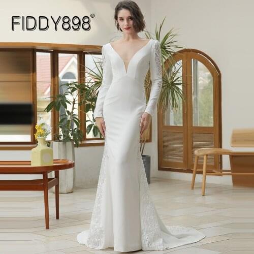 FIDDY898 2021 Satin Mermaid Bridal Dresses Long Sleeve V Neck Boho Gown Fashion Lace Wedding Dress Plus Size for Bride