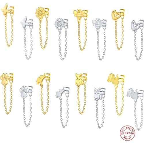 BOAKO 925 Sterling Silver Snowflower Long Chain Tassel Stud Earring For Women Animal Bee Elephant Dog Clips Ear Stud Jewel Gift