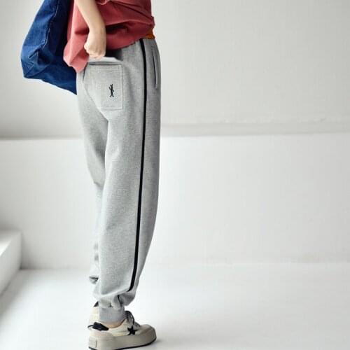 MICOCO K1057C Korean Fashion Contrast color Splicing comfortable elastic waist thin fleecy foot casual trousers