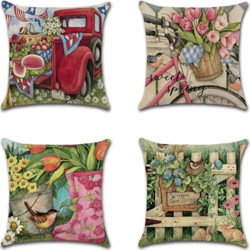Pillow Case Idyllic Scenery Pillow Cover Spring Flowers Fruits Cushion Cover Home Decor Fence Bird Linen Sofa Car Pillowcase