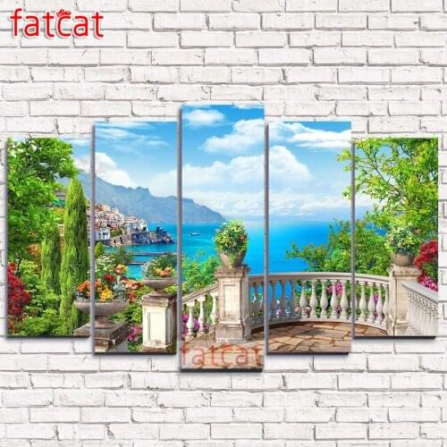 FATCAT European seaside landscape garden 5 Piece Large Diy Diamond Painting Full Square Round Diamond Embroidery decor AE1792