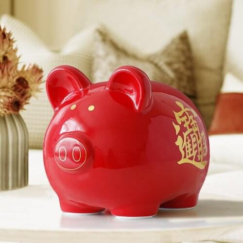 Ceramics Chinese Red Net Pig Money box Gift for children Cute piggy bank pig figure Money coins saving box storage box