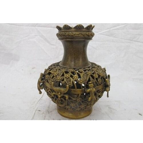 Chinese mark bronze Hollow carved Plum flower PiXiu beast Palace Pot Vase Jar