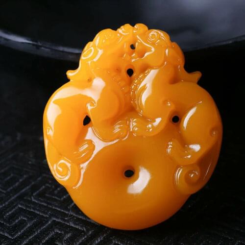 Chinese Natural Yellow Jade Hand-Carved Bless Dragon Pixiu Pattern Pendant