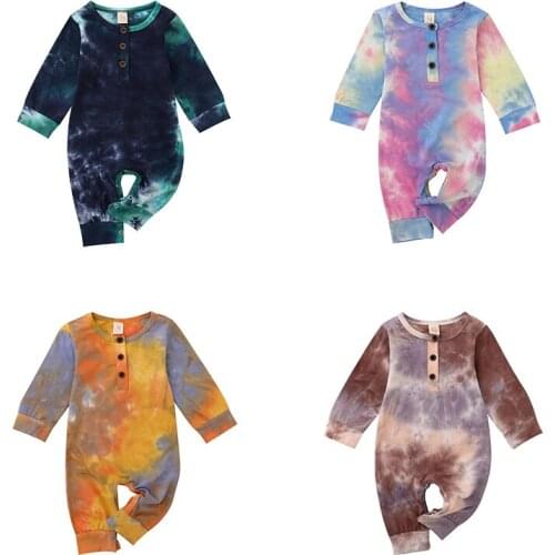 Baby Boys Girls Button Rompers Autumn Spring Long Sleeve Tie Dye Print One Piece Jumpsuit Newborn Baby Fall Warm Clothes 0-24M