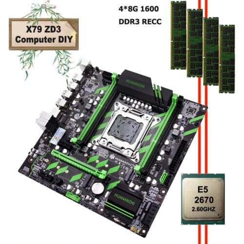 New arrival HUANANZHI X79-ZD3 LGA2011 motherboard set DIY dual M.2 SSD slots NVMe/NGFF CPU Xeon E5 2670 RAM 32G(4*8G) REG ECC