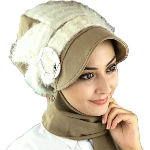 Islamic Fashion Muslim Women Hijab 2021 Trend Single Size Bathing Cap Beret Ready Shawl Scarf Buckle Shaggy Brown Horsehair Hijab Hat