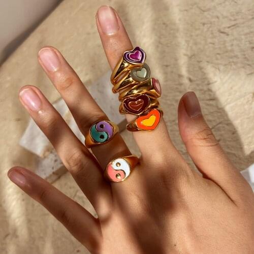 Stainless Steel Colorful Double Layer Love Heart Rings For Women Girls Enamel Yin Yang Waterproof Rings Jewelry Gifts