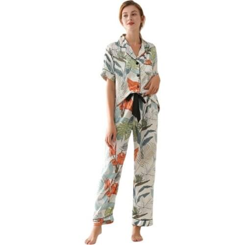 Pyjama Summer Girl Faux Silk Suit Short-sleeved Trousers Loose New Homewear Set Turn-down Collar Pijamas Women Sexy Loungewear
