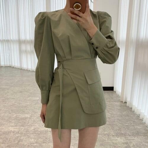 Korean Early Autumn Temperament Vestidos Female V-neck Cross Side Buckle Belt Puff Sleeve Fake Two-piece Mini Dress DK1280
