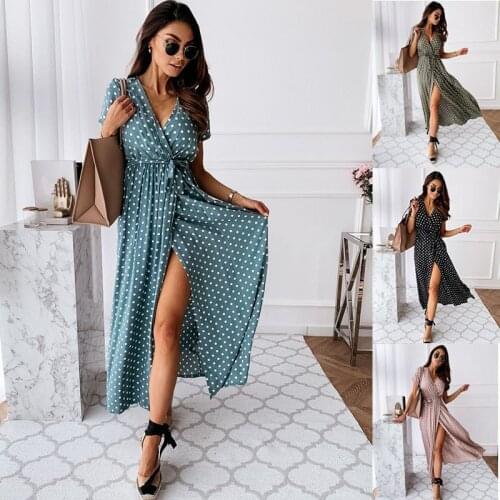 Women Sexy Polka Dot Beach Dresses Split Short Sleeve Long Dress Boho Style Casual Party V Neck Dresses Office Shirt Dress New