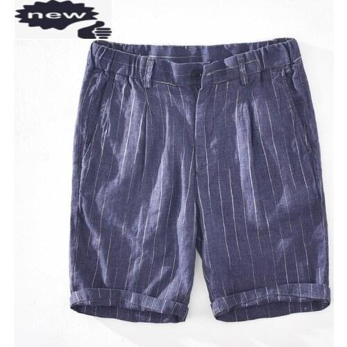 Summer Beach Classic Linen Striped Casual Shorts Mens Loose Fit Elastic Waist Knee Length Short Trousers Male Sweatpants