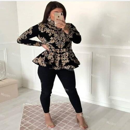 Modern Black And Rose Gold Evening Dresses Karakou Algeria Pant Suit Arabic Prom Dress Women Trousers Muslim Formal Evening Gown