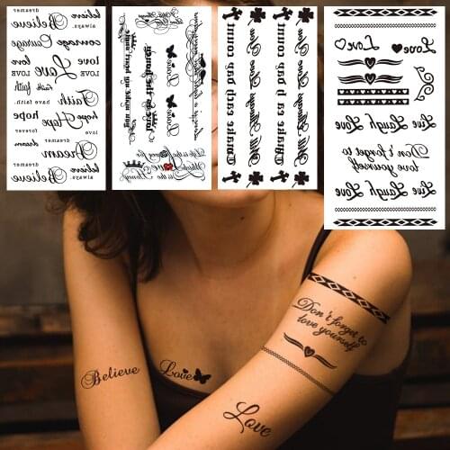 Black Letters Fake Temporary Tattoo For Women Kids Girls Small Word Tattoos Sticker Clavicle Skewers Water Transfer Chains Tatoo
