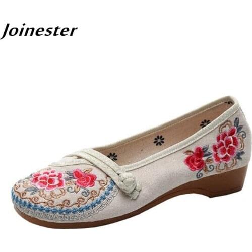 Spring Women Ethnic Floral Embroidered Vintage Low Heel Pumps Ladies Retro Dress Loafers Female Dancing Wedges Shoes