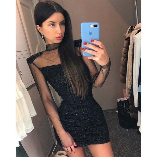 Rayon Bandage Dress Long Sleeve Nude Black Mesh Skinny Women Bandage Dress Evening Party Dress